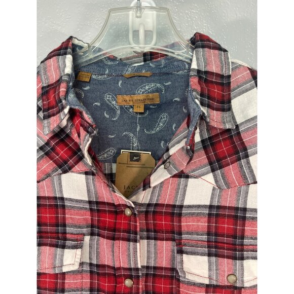 Red White Black Plaid Button Down Flannel Shirt Long Sleeve Snap Pockets XL - Picture 2 of 10